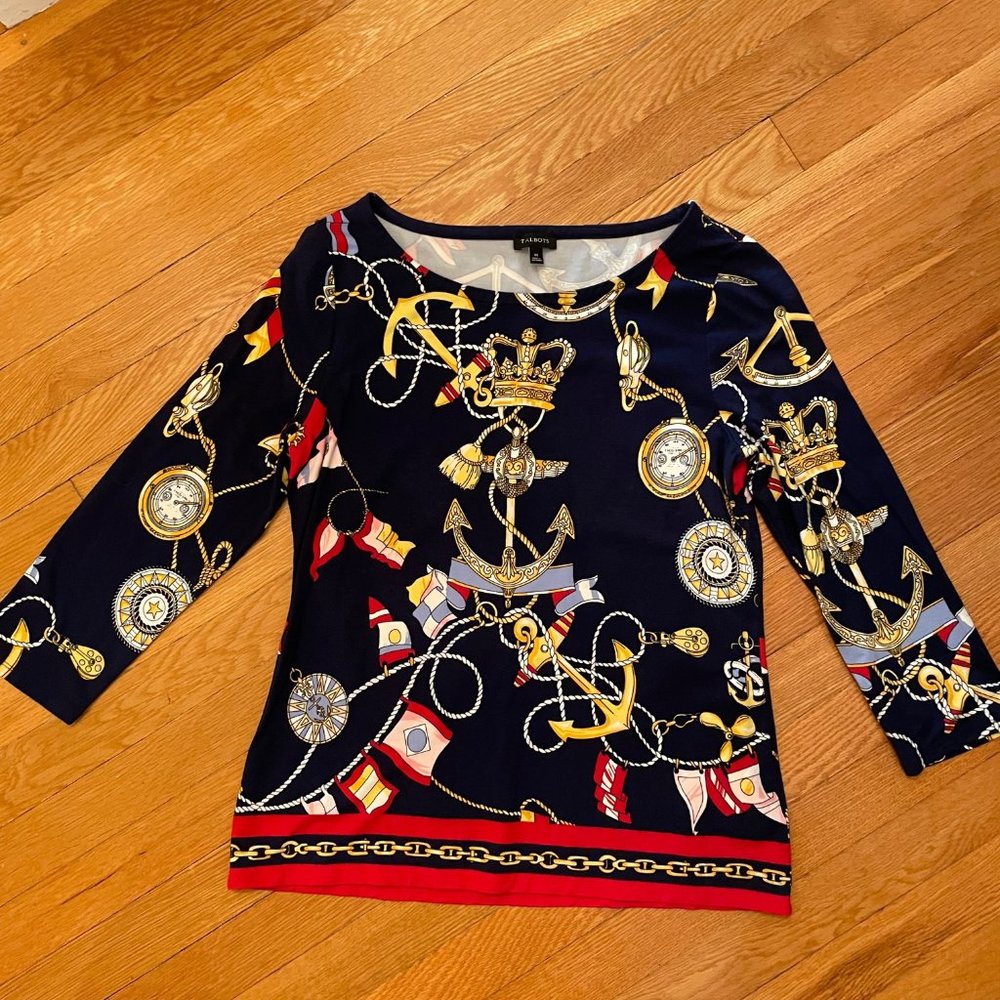 Talbots Nautical Print Bateau-Neck Long Sleeve Top, Size M
